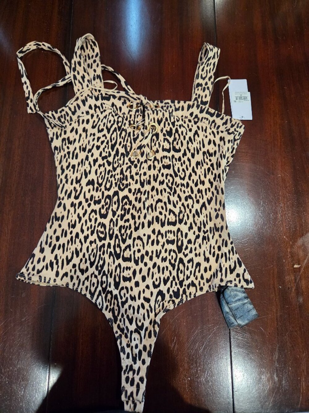 Guess Lace Up front Leopard Print bodysuit NWT